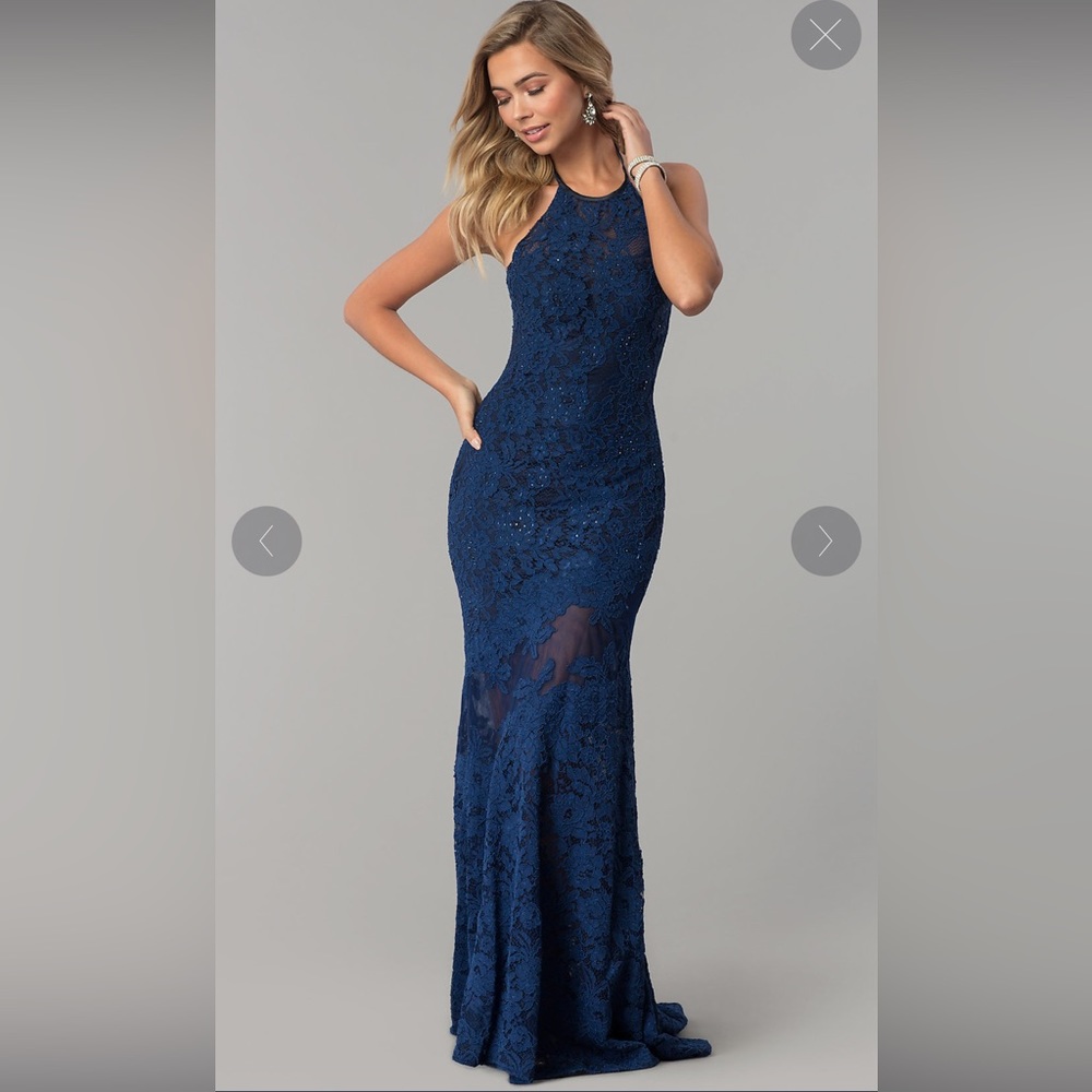 Navy Blue Halter Lace Nina Canacci Prom Dress, Size 10 (measurements added)